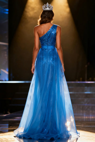 Sparkly Royal Blue Sequin Mermaid Long Pageant Dress with Cape